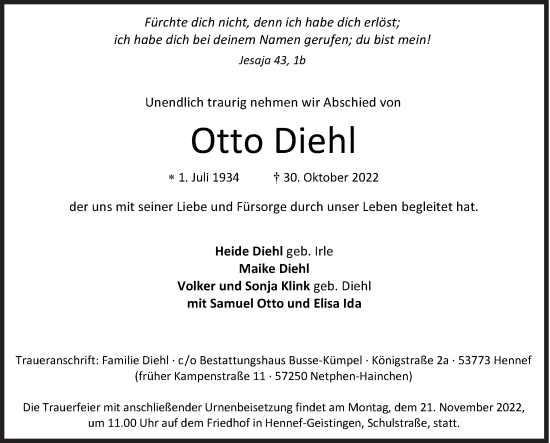 Traueranzeige von Otto Diehl von Siegener Zeitung