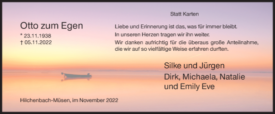 Traueranzeige von Otto zum Egen von Siegener Zeitung