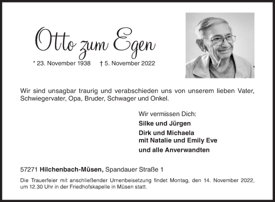 Traueranzeige von Otto zum Egen von Siegener Zeitung