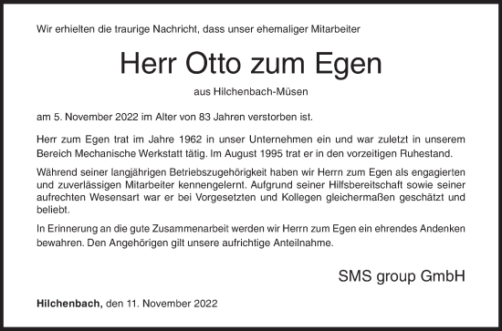 Traueranzeige von Otto zum Egen von Siegener Zeitung