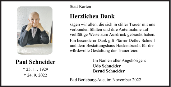 Traueranzeige von Paul Schneider von Siegener Zeitung