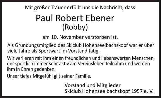 Traueranzeige von Paul Robert Ebener von Siegener Zeitung