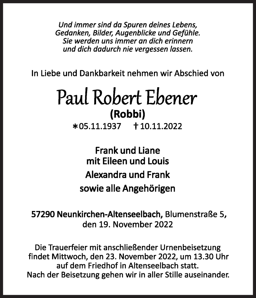  Traueranzeige für Paul Robert Ebener vom 19.11.2022 aus Siegener Zeitung