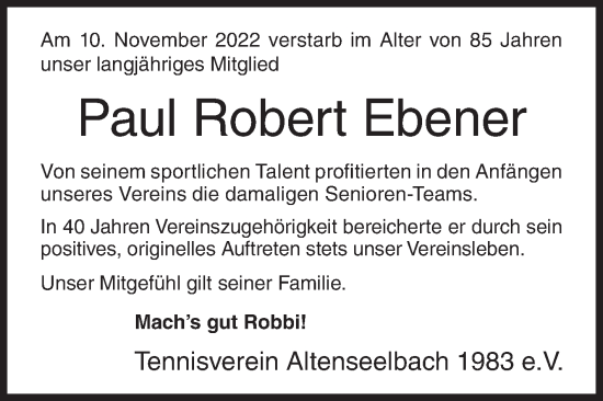 Traueranzeige von Paul Robert Ebener von Siegener Zeitung