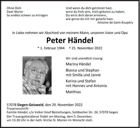 Traueranzeige von Peter Händel von Siegener Zeitung