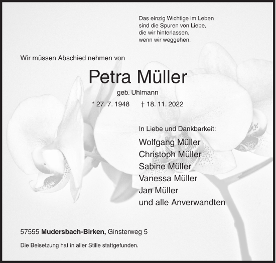 Traueranzeige von Petra Müller von Siegener Zeitung