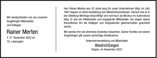 Traueranzeige von Rainer Merten von Siegener Zeitung