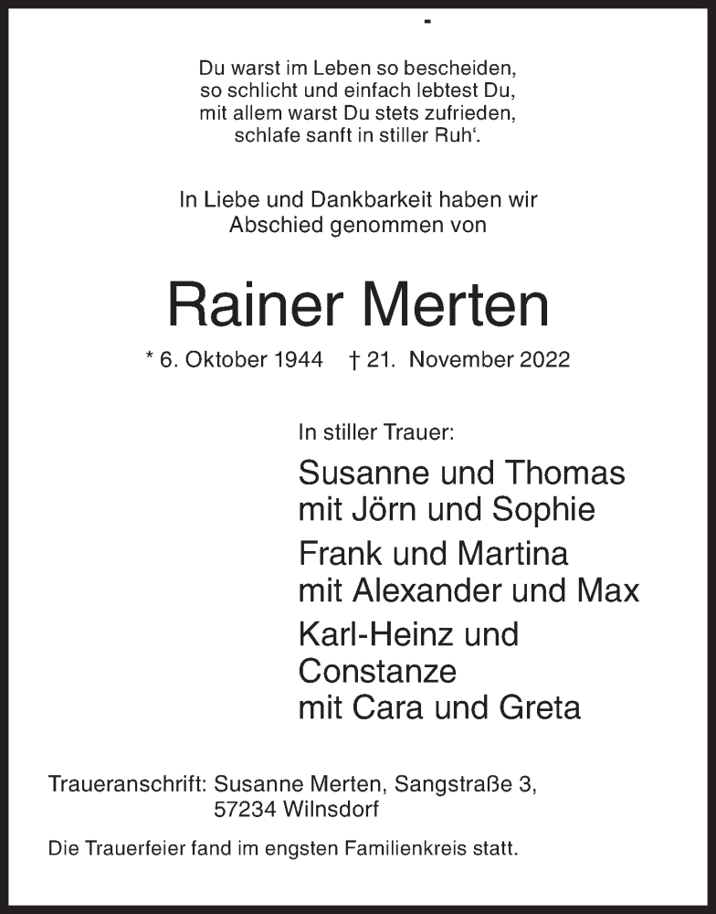  Traueranzeige für Rainer Merten vom 29.11.2022 aus Siegener Zeitung