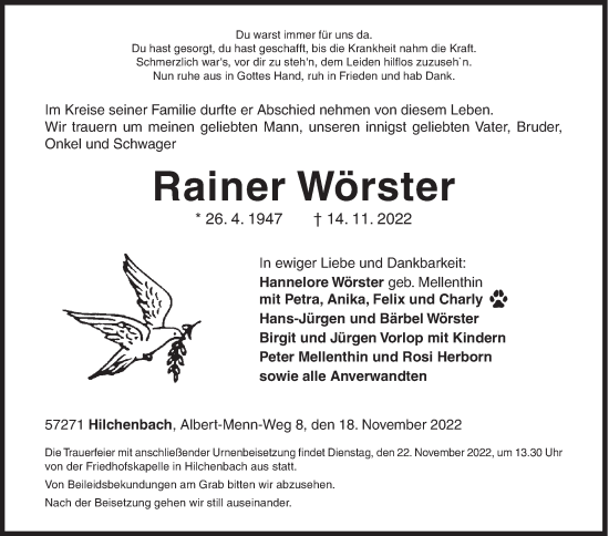Traueranzeige von Rainer Wörster von Siegener Zeitung