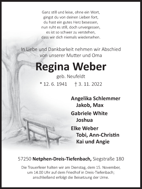Traueranzeige von Regina Weber von Siegener Zeitung