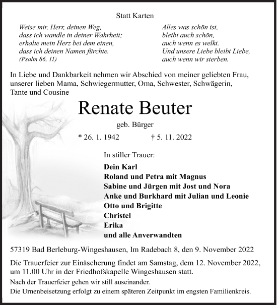 Traueranzeige von Renate Beuter von Siegener Zeitung