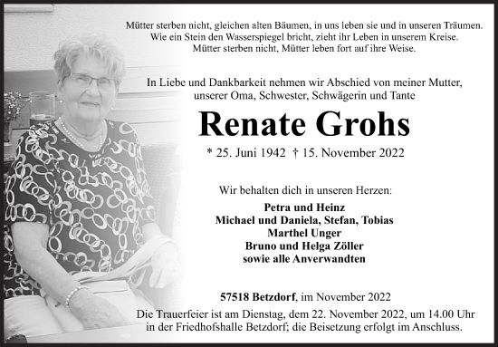 Traueranzeige von Renate Grohs von Siegener Zeitung