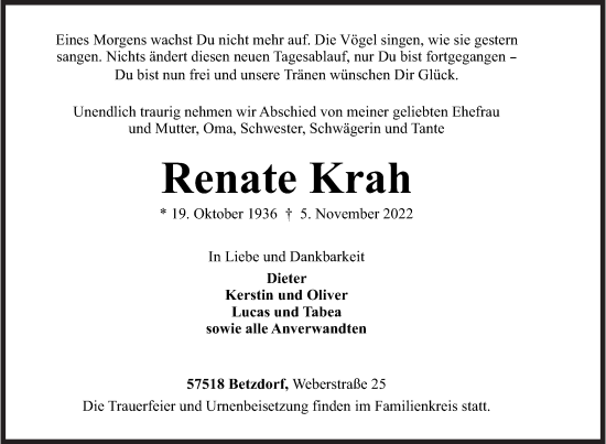 Traueranzeige von Renate Krah von Siegener Zeitung