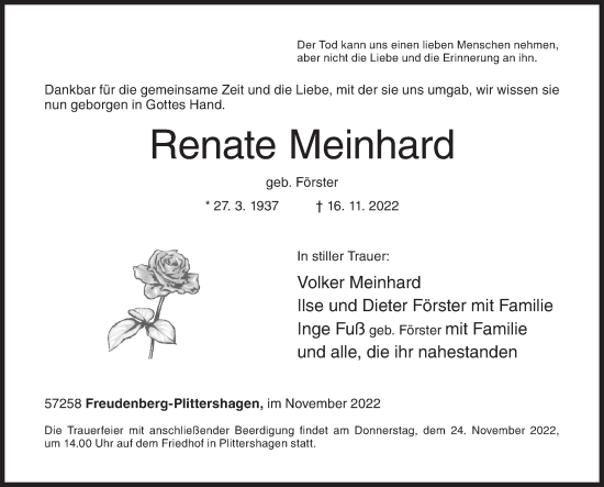 Traueranzeige von Renate Meinhard von Siegener Zeitung