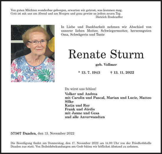 Traueranzeige von Renate Sturm von Siegener Zeitung