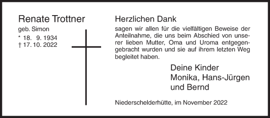 Traueranzeige von Renate Trottner von Siegener Zeitung