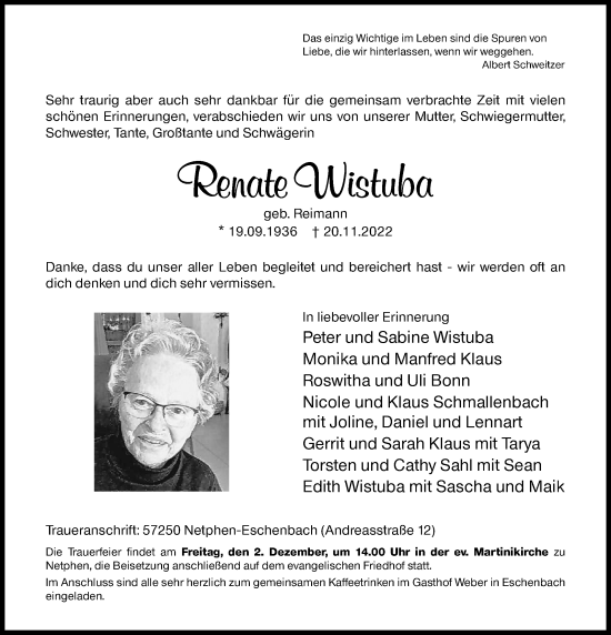 Traueranzeige von Renate Wistuba von Siegener Zeitung