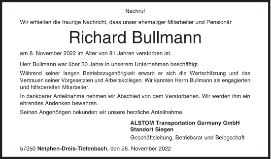 Traueranzeige von Richard Bullmann von Siegener Zeitung