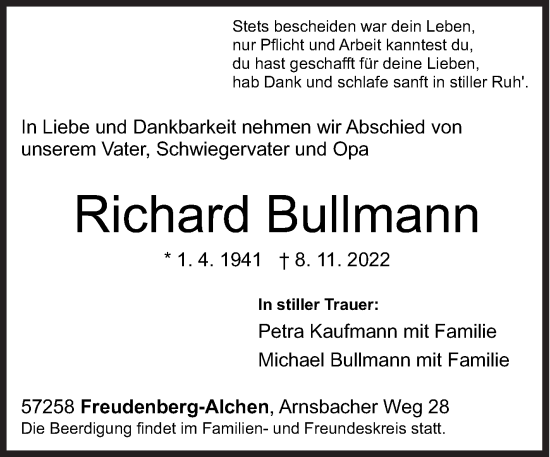 Traueranzeige von Richard Bullmann von Siegener Zeitung