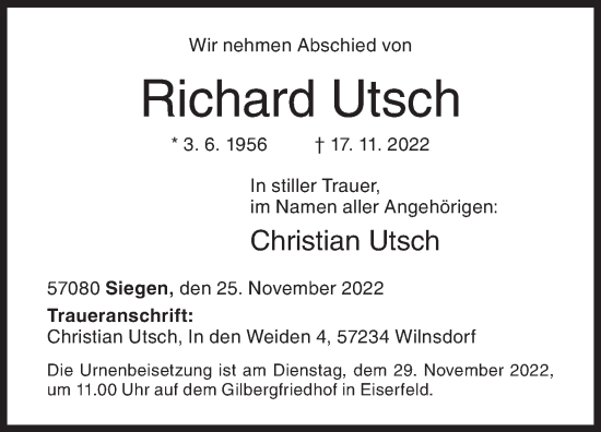 Traueranzeige von Richard Utsch von Siegener Zeitung