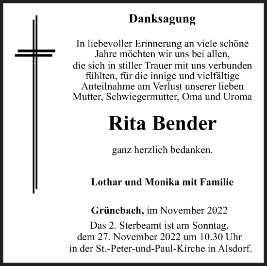 Traueranzeige von Rita Bender von Siegener Zeitung