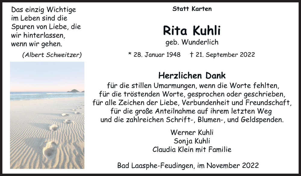  Traueranzeige für Rita Kuhli vom 19.11.2022 aus Siegener Zeitung