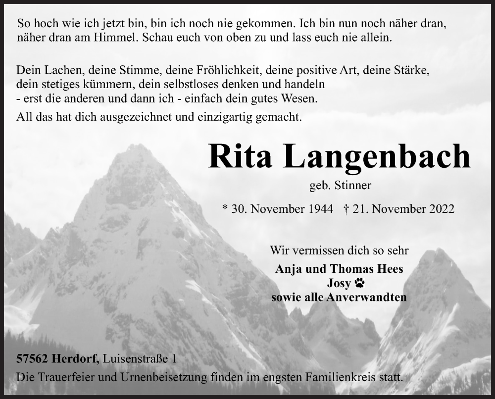  Traueranzeige für Rita Langenbach vom 23.11.2022 aus Siegener Zeitung