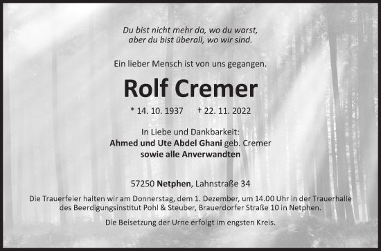 Traueranzeige von Rolf Cremer von Siegener Zeitung