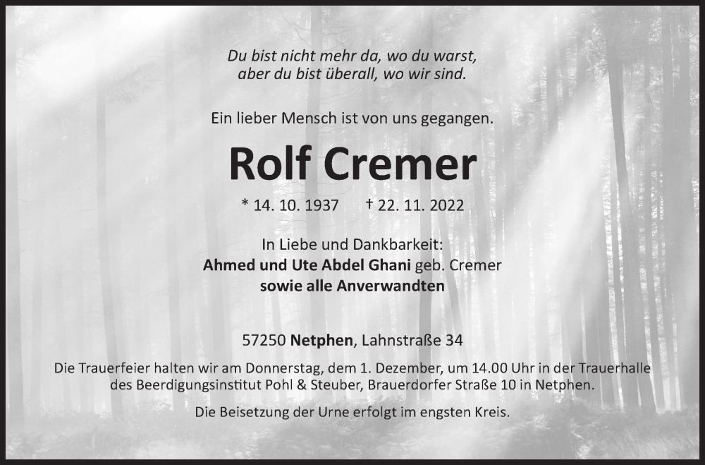  Traueranzeige für Rolf Cremer vom 25.11.2022 aus Siegener Zeitung