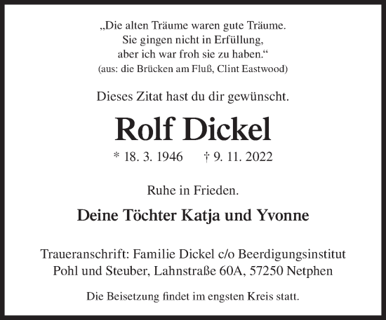 Traueranzeige von Rolf Dickel von Siegener Zeitung