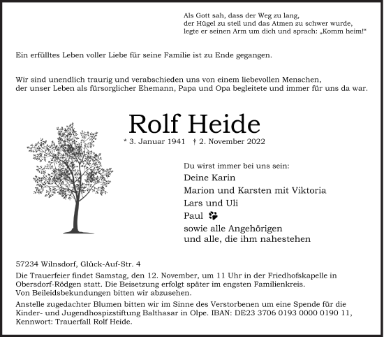 Traueranzeige von Rolf Heide von Siegener Zeitung