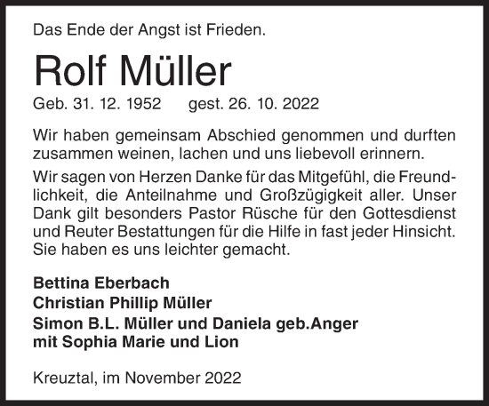 Traueranzeige von Rolf Müller von Siegener Zeitung