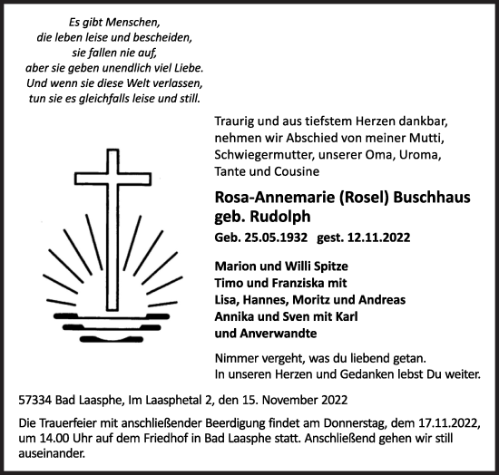 Traueranzeige von Rosa-Annemarie Buschhaus von Siegener Zeitung