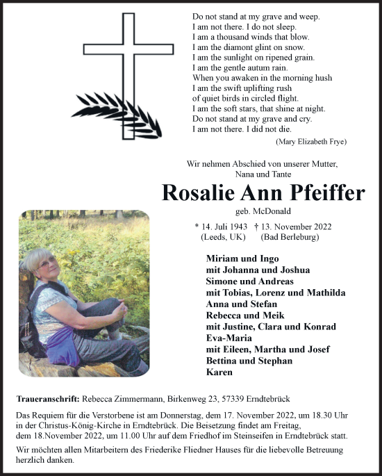 Traueranzeige von Rosalie Ann Pfeiffer von Siegener Zeitung