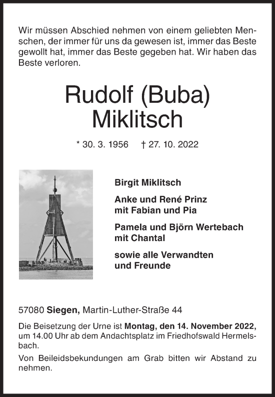 Traueranzeige von Rudolf Miklitsch von Siegener Zeitung