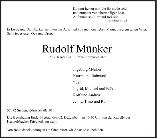 Traueranzeige von Rudolf Münker von Siegener Zeitung