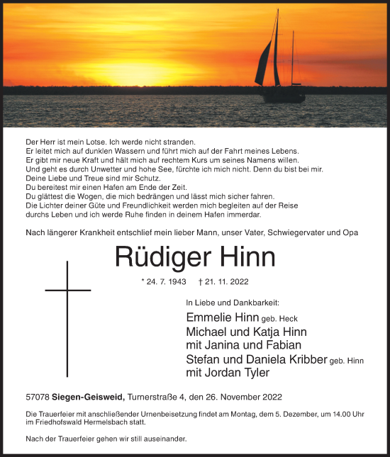 Traueranzeige von Rüdiger Hinn von Siegener Zeitung