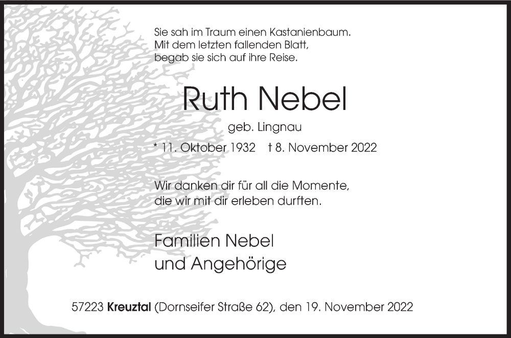  Traueranzeige für Ruth Nebel vom 19.11.2022 aus Siegener Zeitung