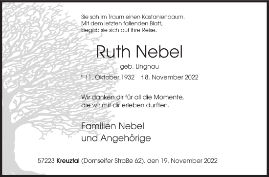 Traueranzeige von Ruth Nebel von Siegener Zeitung