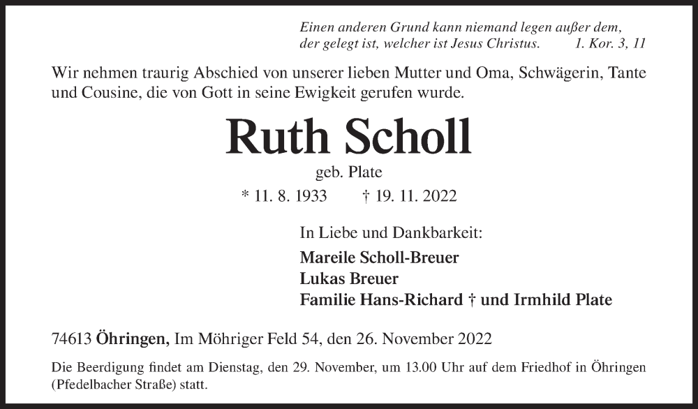  Traueranzeige für Ruth Scholl vom 26.11.2022 aus Siegener Zeitung