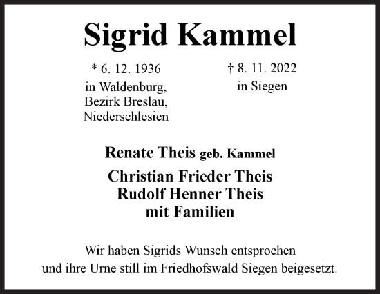 Traueranzeige von Sigrid Kammel von Siegener Zeitung