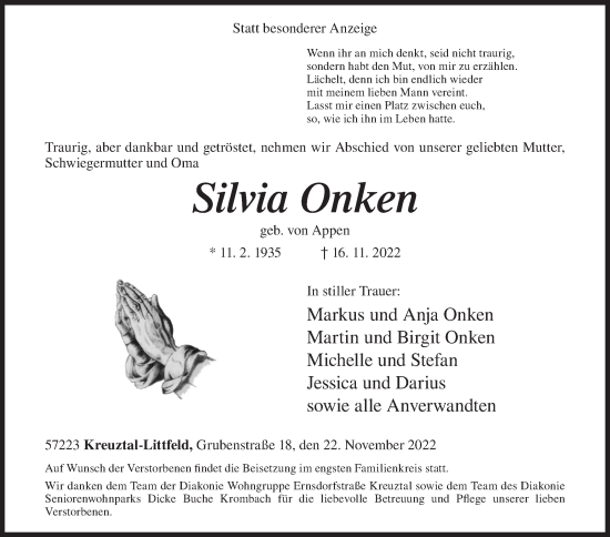 Traueranzeige von Silvia Onken von Siegener Zeitung