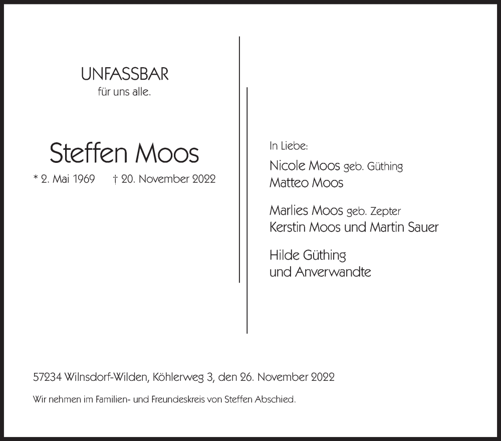  Traueranzeige für Steffen Moos vom 26.11.2022 aus Siegener Zeitung
