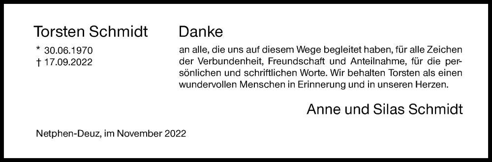  Traueranzeige für Torsten Schmidt vom 26.11.2022 aus Siegener Zeitung