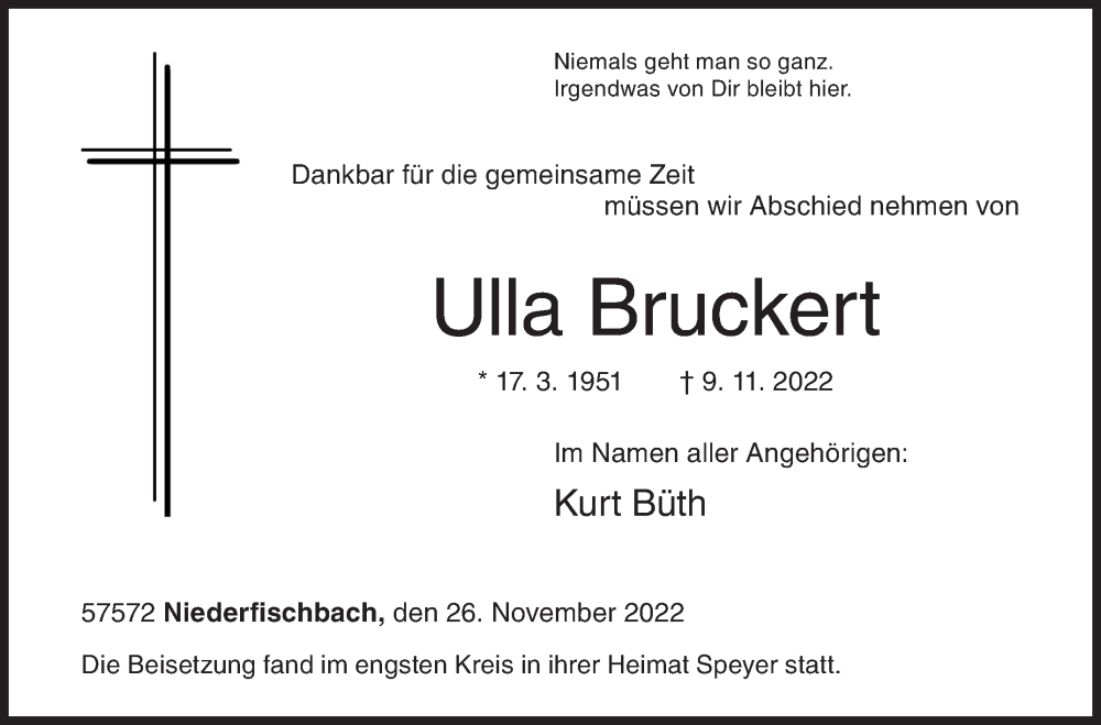  Traueranzeige für Ulla Bruckert vom 26.11.2022 aus Siegener Zeitung