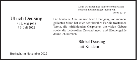 Traueranzeige von Ulrich Deusing von Siegener Zeitung