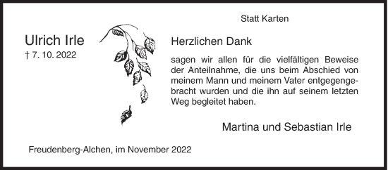 Traueranzeige von Ulrich Irle von Siegener Zeitung