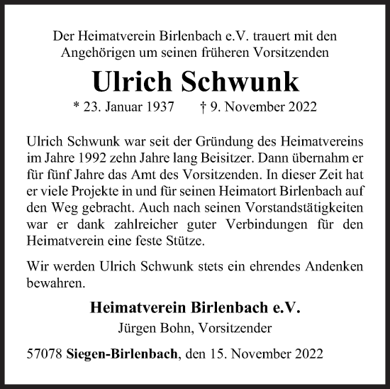 Traueranzeige von Ulrich Schwunk von Siegener Zeitung