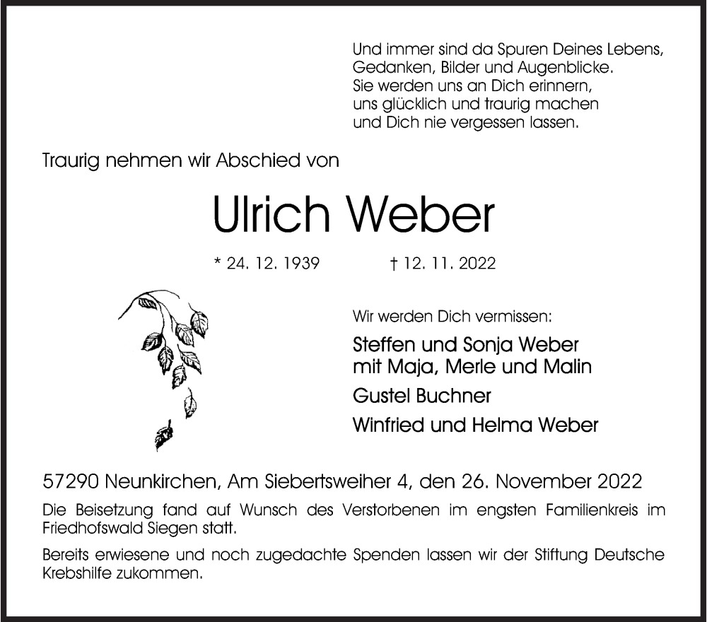  Traueranzeige für Ulrich Weber vom 26.11.2022 aus Siegener Zeitung