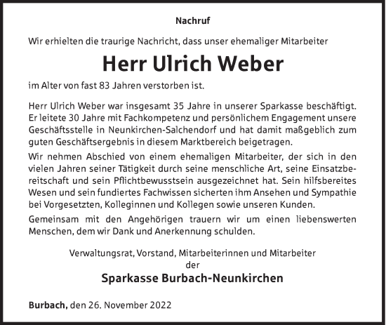 Traueranzeige von Ulrich Weber von Siegener Zeitung